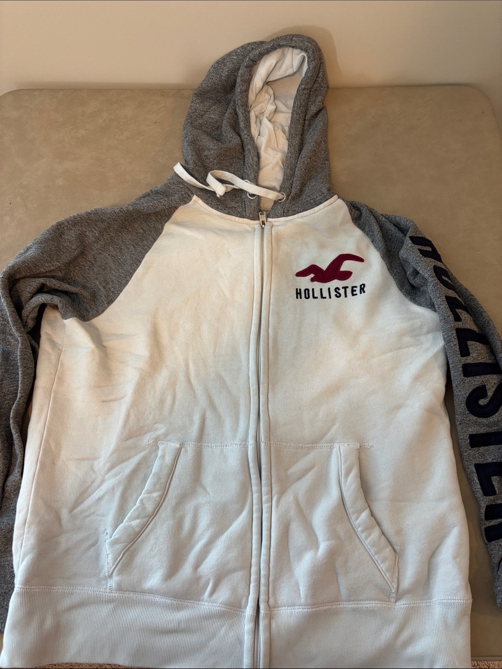 Hollister Gray and White Zip-Up Hoodie with Navy Logo